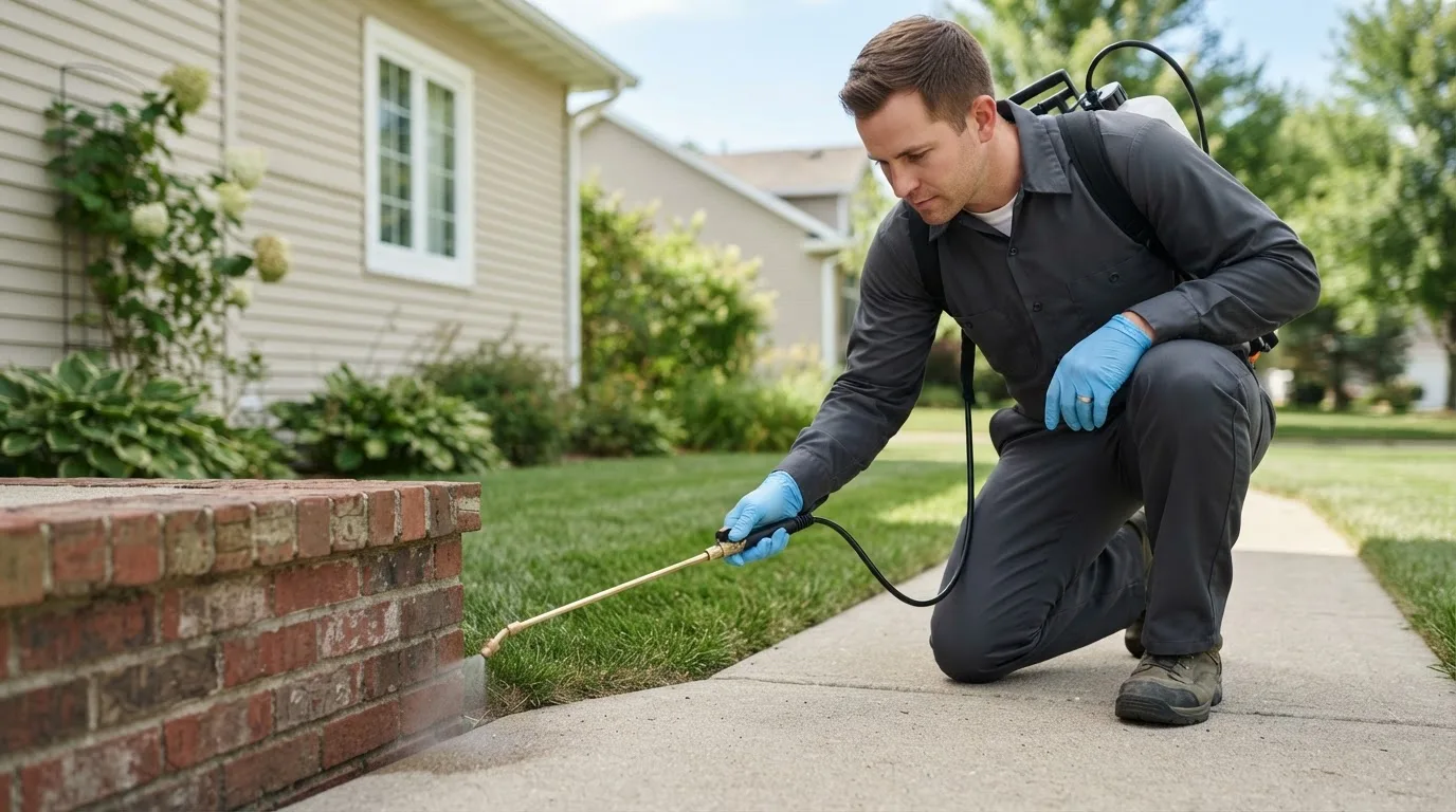 Pest control technician treating a home near Cainsville, MO