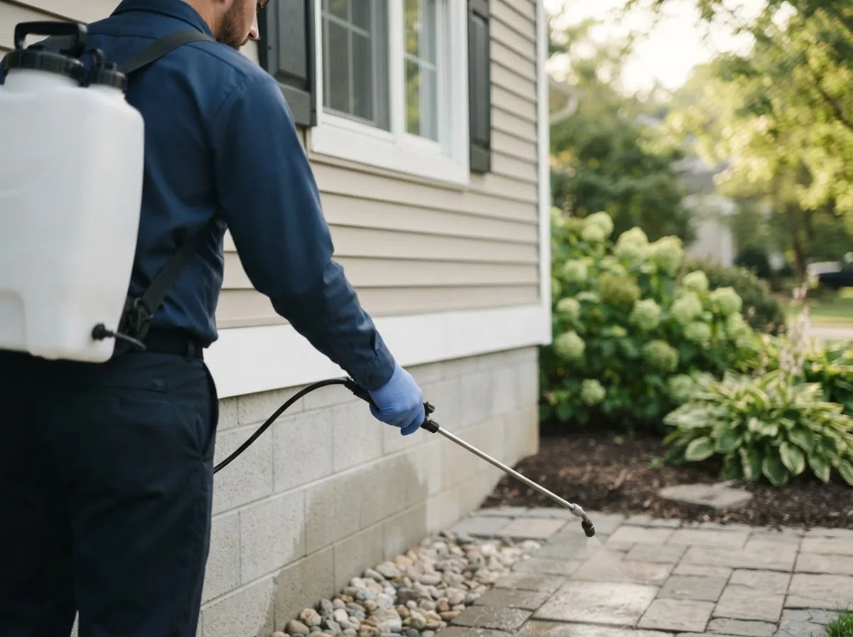 Pest control technician inspecting a home in Cainsville, MO